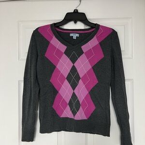 Izod Dark Gray and Pink Argyle V-Neck Sweater